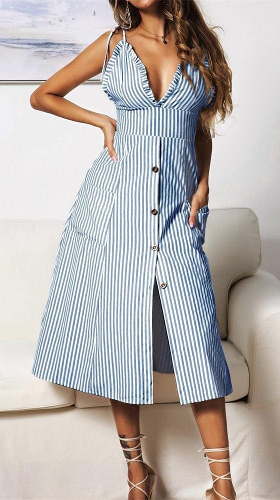Plunge Neck Nautical Striped Dress