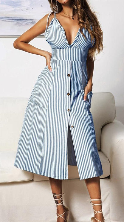 Plunge Neck Nautical Striped Dress