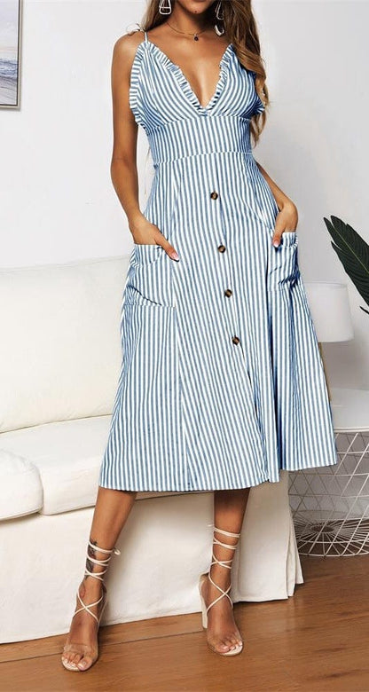 Plunge Neck Nautical Striped Dress