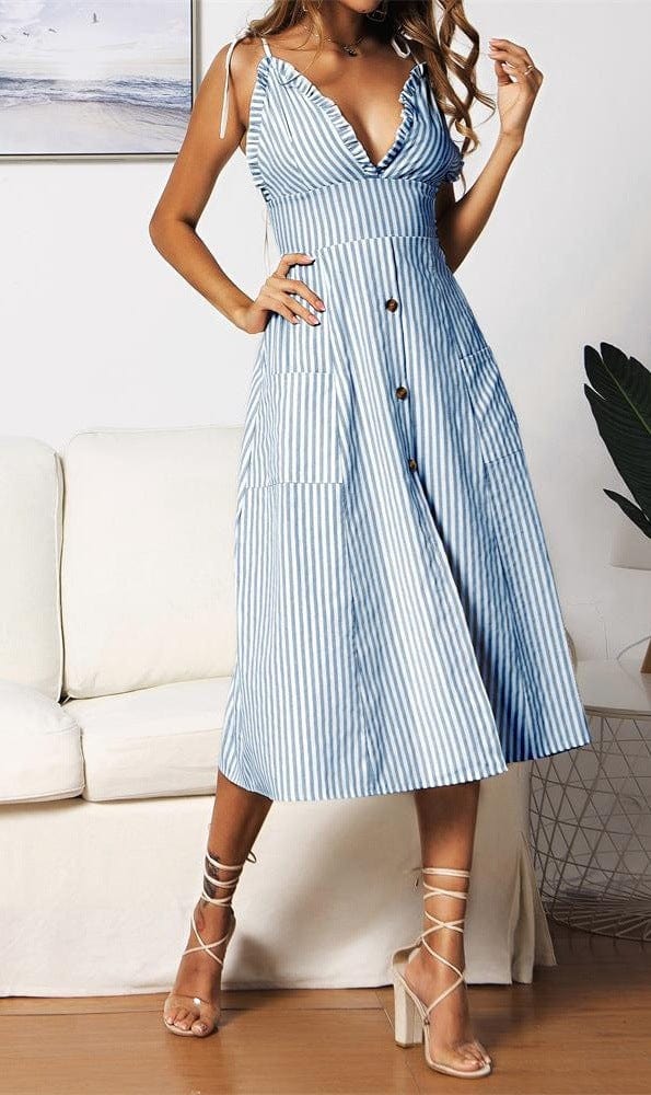 Plunge Neck Nautical Striped Dress