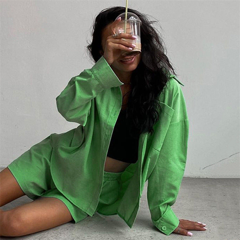 Long Sleeve Button Down Shirt & Drawstring Short Set