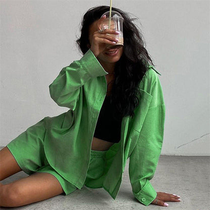 Long Sleeve Button Down Shirt & Drawstring Short Set