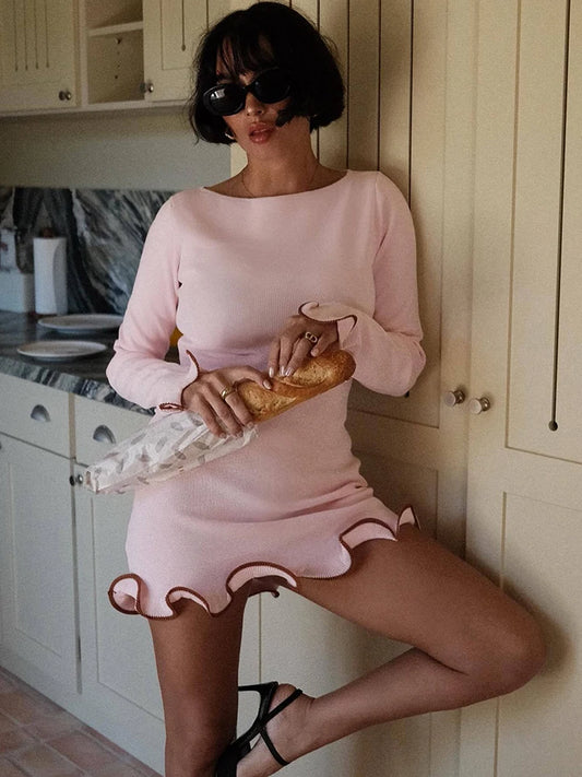 JULISSA MO Knitted Sexy Round Neck Ruffles Dress Women Black Long Sleeve Evening Dress Female Autumn Slim Elegant Party Clubwear