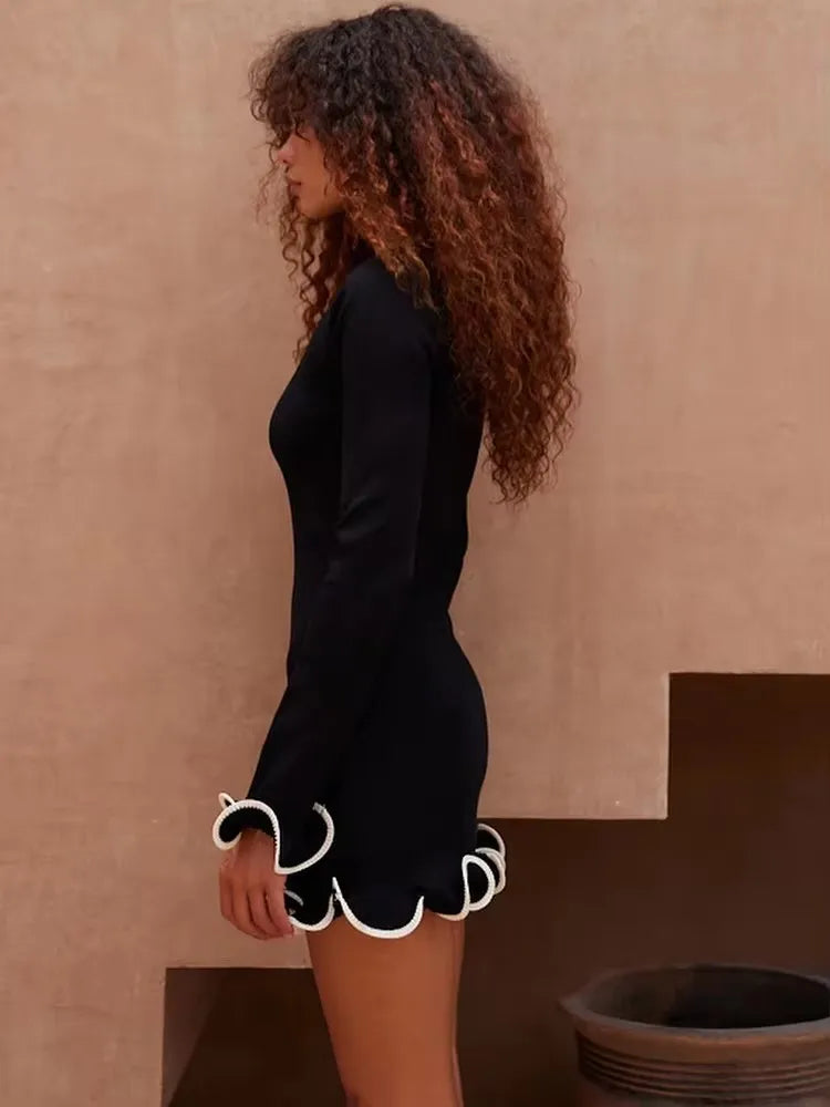 JULISSA MO Knitted Sexy Round Neck Ruffles Dress Women Black Long Sleeve Evening Dress Female Autumn Slim Elegant Party Clubwear