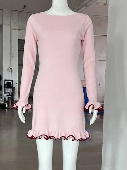 JULISSA MO Knitted Sexy Round Neck Ruffles Dress Women Black Long Sleeve Evening Dress Female Autumn Slim Elegant Party Clubwear