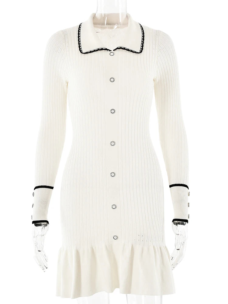 JULISSA MO Knitted Turn-down Collar Women Dress White Long Sleeve Single Breasted Dress Female Autumn Skinny Elegant Streetwear