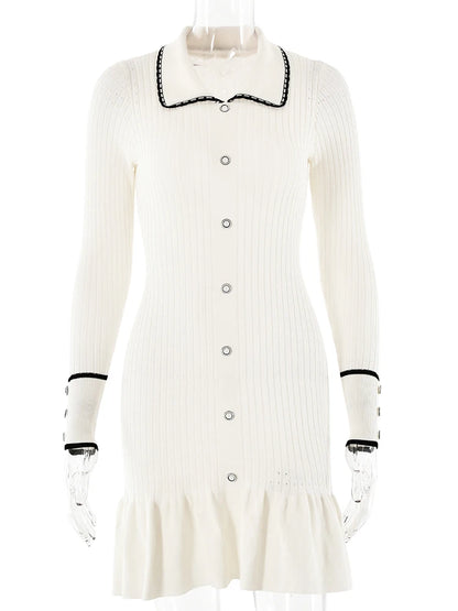 JULISSA MO Knitted Turn-down Collar Women Dress White Long Sleeve Single Breasted Dress Female Autumn Skinny Elegant Streetwear