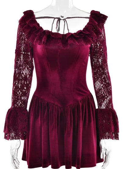 JULISSA MO Patchwork Flare Sleeve Lace Women Mini Dress Sexy See Through High Waist Dress Female Winter New Elegant Party Outfit