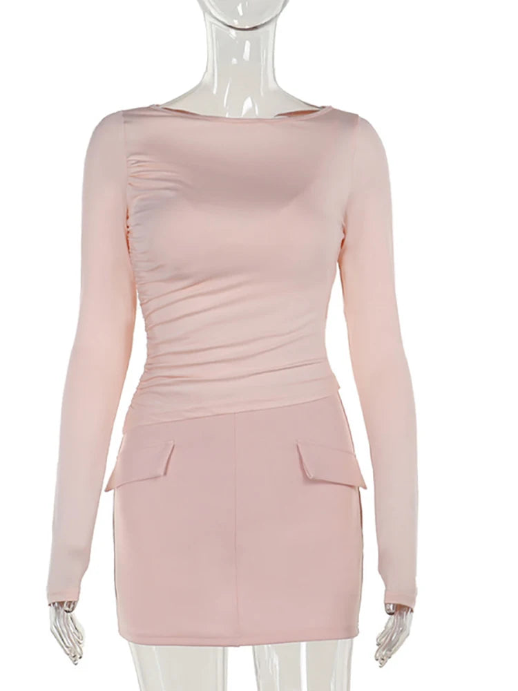 JULISSA MO Patchwork Round Neck 3 piece Sets Women Skirt Suit Pink Long Sleeve T-shirt Mini Skirt Autumn Slim Elegant Skirt Sets