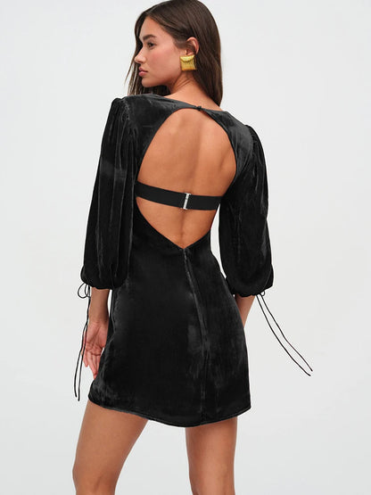 JULISSA MO Sexy Backless Lace Up Women Dress Black Long Sleeve Square Collar Dress Female Winter Slim Elegant Party Club Outfit