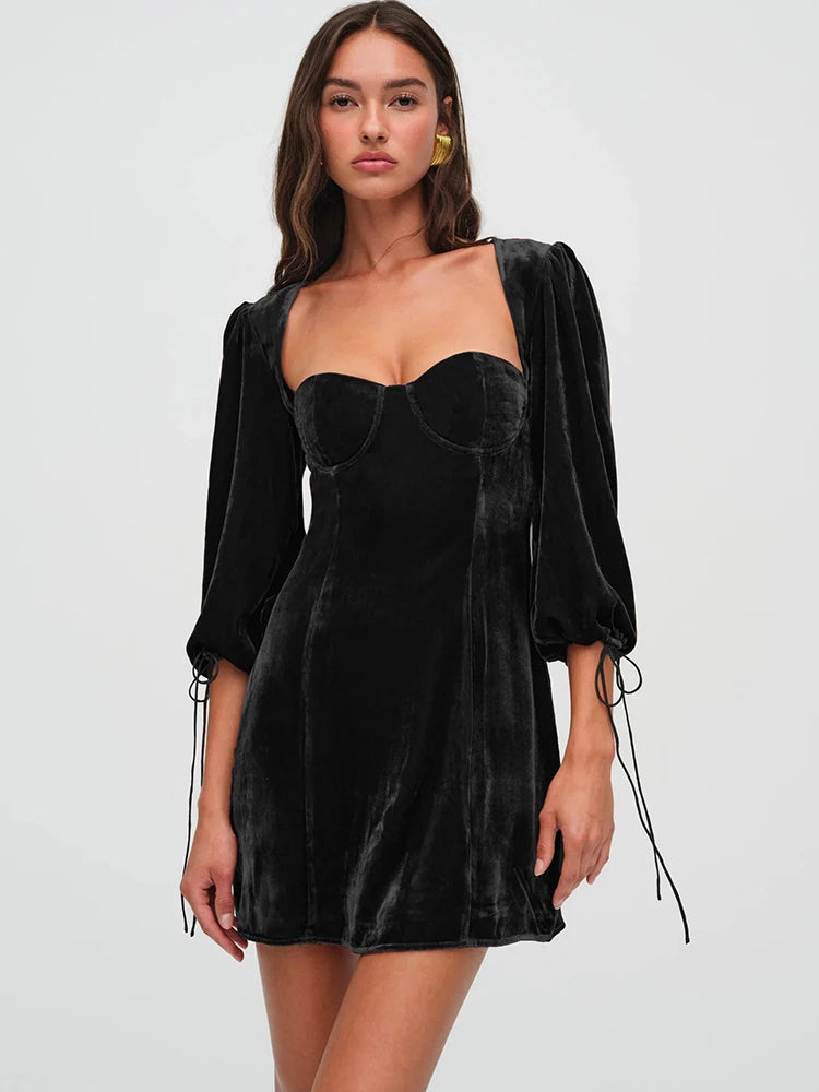 JULISSA MO Sexy Backless Lace Up Women Dress Black Long Sleeve Square Collar Dress Female Winter Slim Elegant Party Club Outfit