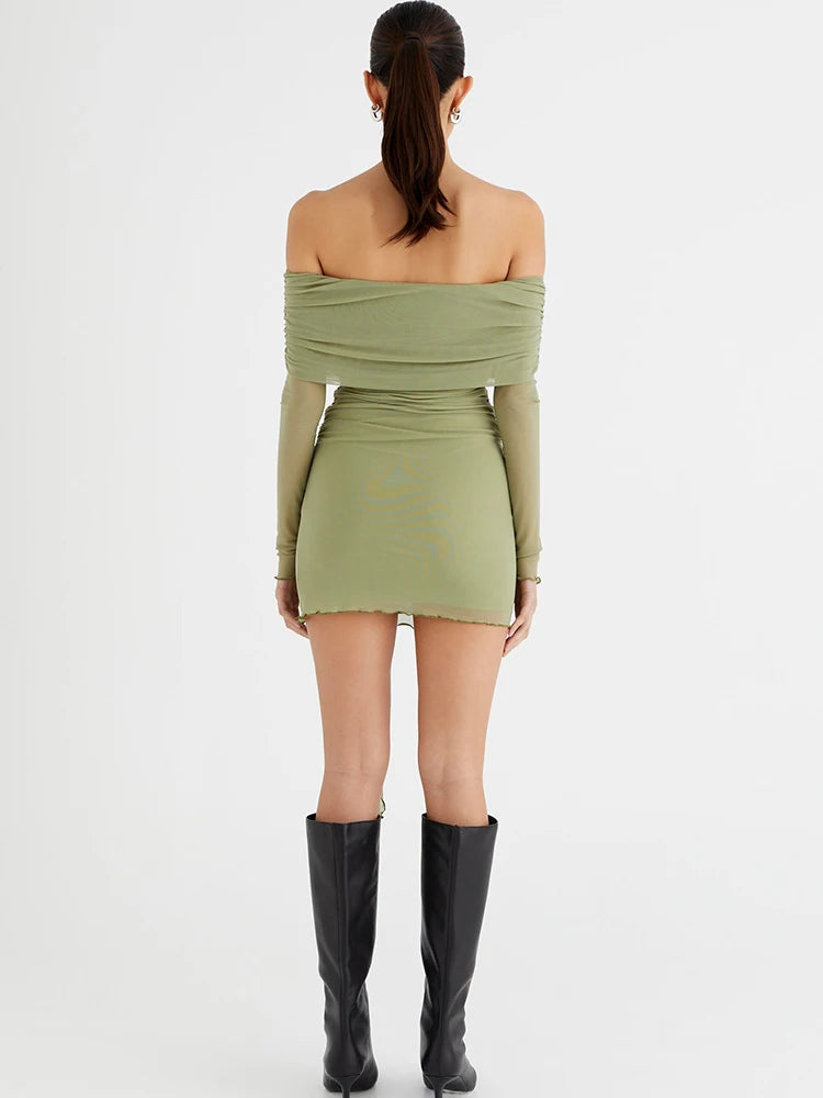 JULISSA MO Sexy Off Shoulder Bandage Women Dress Long Sleeve High Waist Ruched Dress Female Summer Skinny Elegant Prty Clubwear