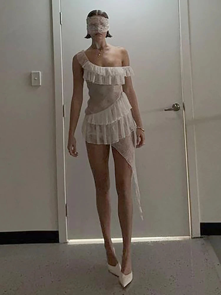 JULISSA MO Sexy See Through Lace Ruffle Women Dress White Off Shoulder Evening Dress Female Summer Skinny Elegant Beachwear 2025