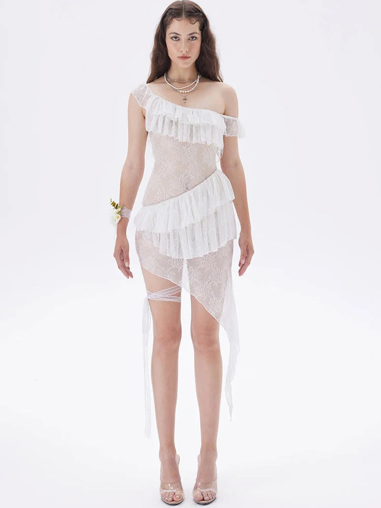 JULISSA MO Sexy See Through Lace Ruffle Women Dress White Off Shoulder Evening Dress Female Summer Skinny Elegant Beachwear 2025