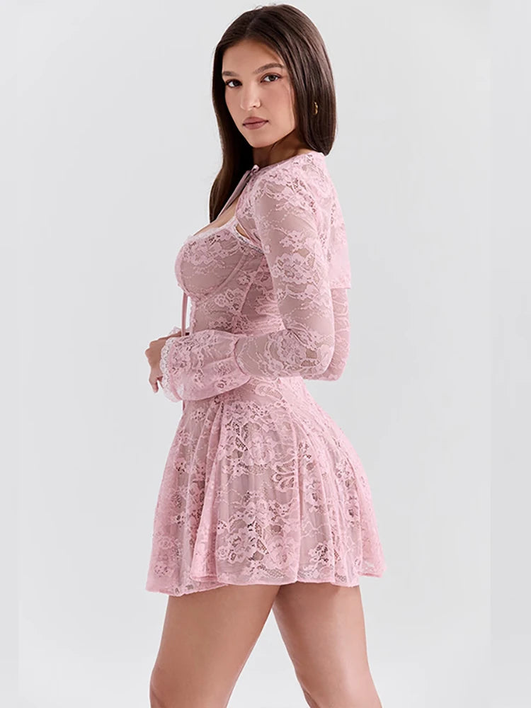 JULISSA MO Sexy See Through Lace Women Dress Pink Flare Sleeve Print Floral Dress Female Autumn New Elegant Two Piece Sets 2025