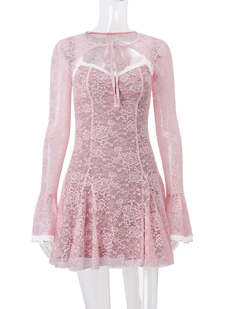 JULISSA MO Sexy See Through Lace Women Dress Pink Flare Sleeve Print Floral Dress Female Autumn New Elegant Two Piece Sets 2025