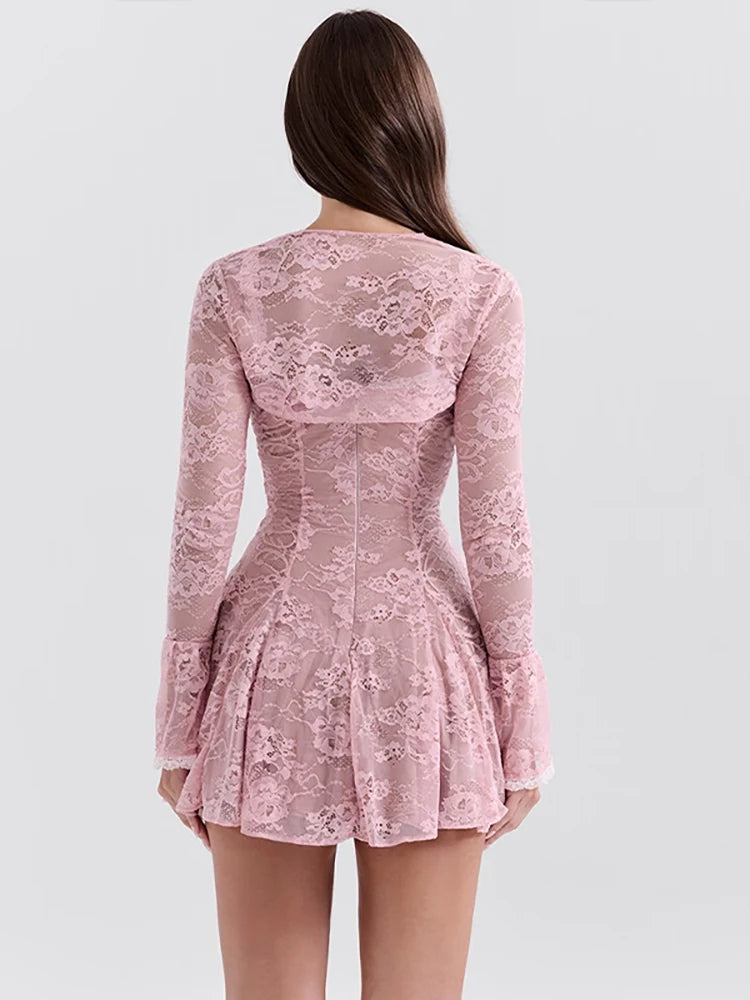 JULISSA MO Sexy See Through Lace Women Dress Pink Flare Sleeve Print Floral Dress Female Autumn New Elegant Two Piece Sets 2025
