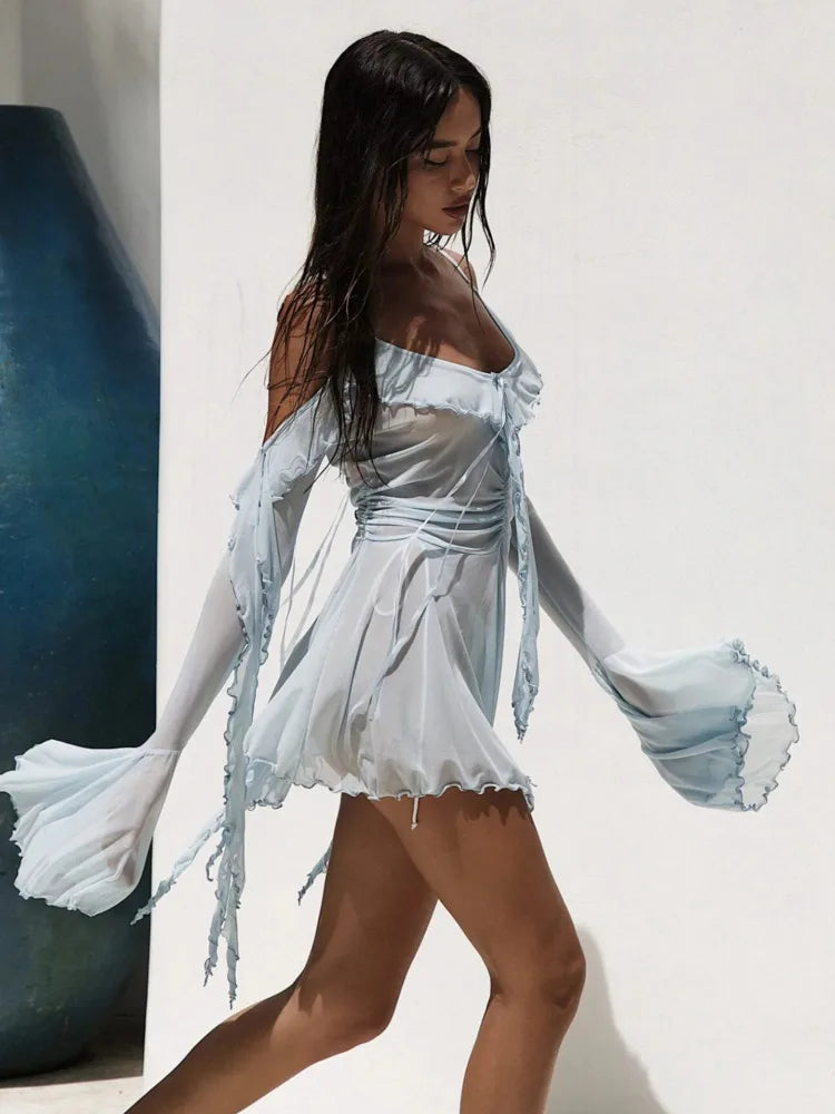 JULISSA MO Sexy See Through Mesh Women Dress Black Long Sleeve Spaghetti Strap Dress Female Summer Skinny Elegant Beachwear 2025