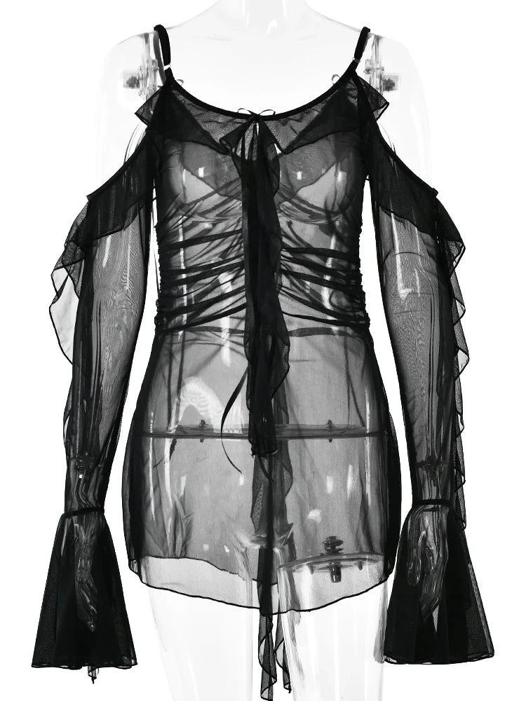JULISSA MO Sexy See Through Mesh Women Dress Black Long Sleeve Spaghetti Strap Dress Female Summer Skinny Elegant Beachwear 2025