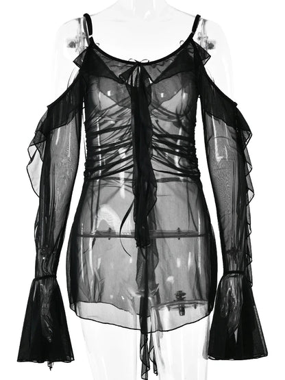 JULISSA MO Sexy See Through Mesh Women Dress Black Long Sleeve Spaghetti Strap Dress Female Summer Skinny Elegant Beachwear 2025