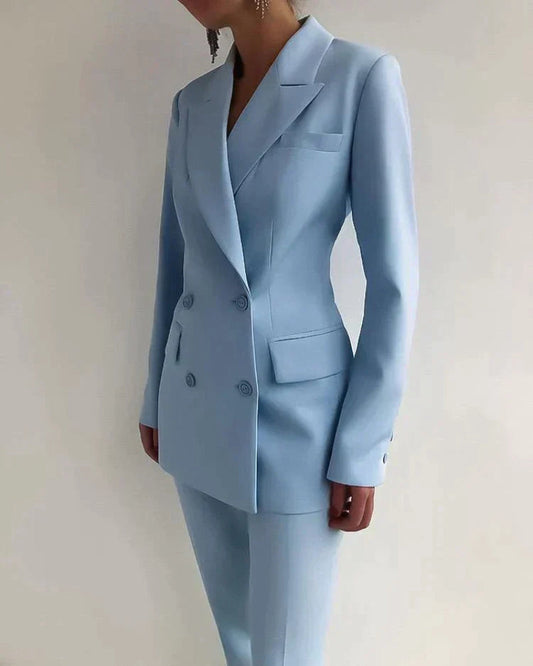 Conjunto de blazer y pantalón con bolsillos abotonados de color liso para mujer | Para uso diario