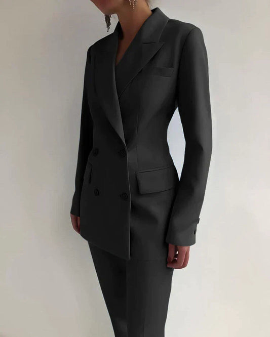 Conjunto de blazer y pantalón con bolsillos abotonados de color liso para mujer | Para uso diario