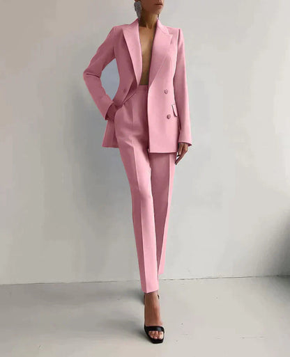 Women's Solid Color Buttoned Pocket Blazer and Trouser Set | For Everyday Wear