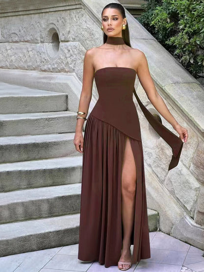 Asymmetric Design Strapless Maxi Party Dress With Scarf For Women 2026