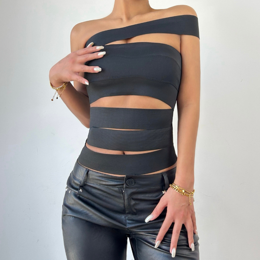 One shoulder hollow out solid cut out top | Festival Outfits Women
