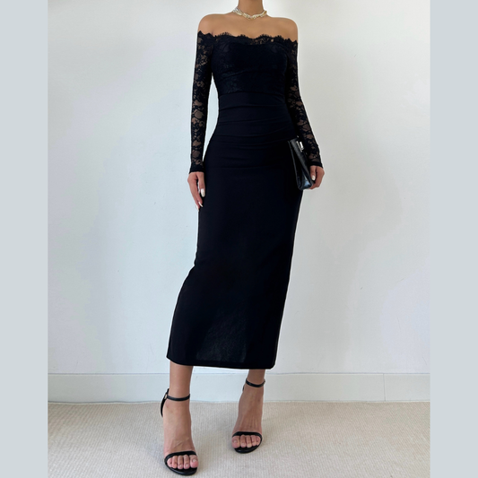 Lace long sleeve off shoulder pleated maxi dress  | Festival Outfits Women