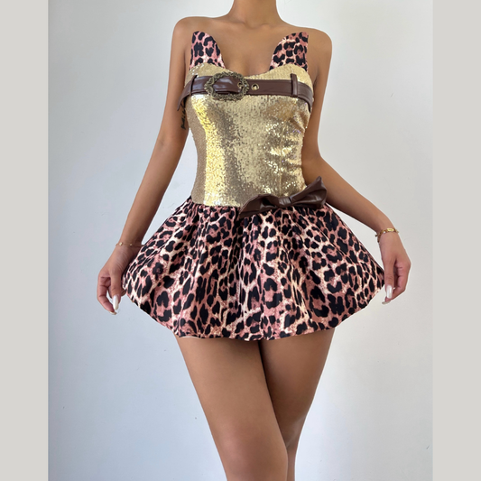 Leopard print buckle bowknot mini dress  | Festival Outfits Women  | Leopard Print Mini Dress