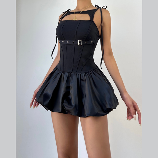 Hollow out self tie ruched buckle mini dress  | Festival Outfits Women