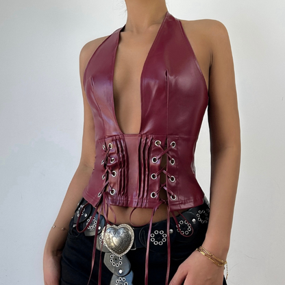 Halter PU leather low cut lace up top  | Festival Outfits Women