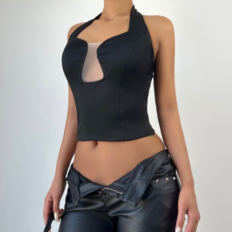 Notch neck halter backless solid crop top  | Festival Outfits Women