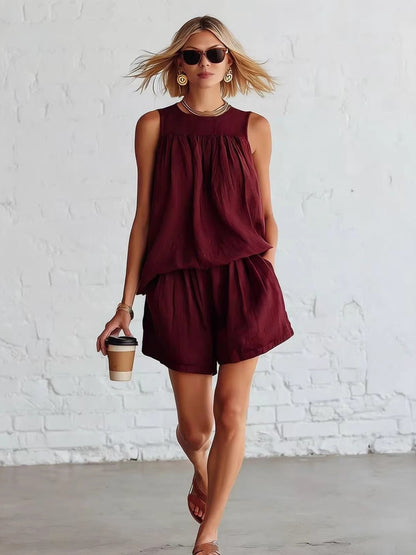 Gathered Solid Color Two-piece Set