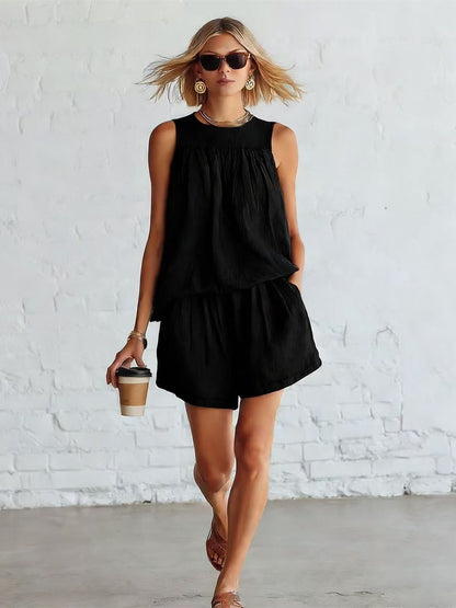 Gathered Solid Color Two-piece Set