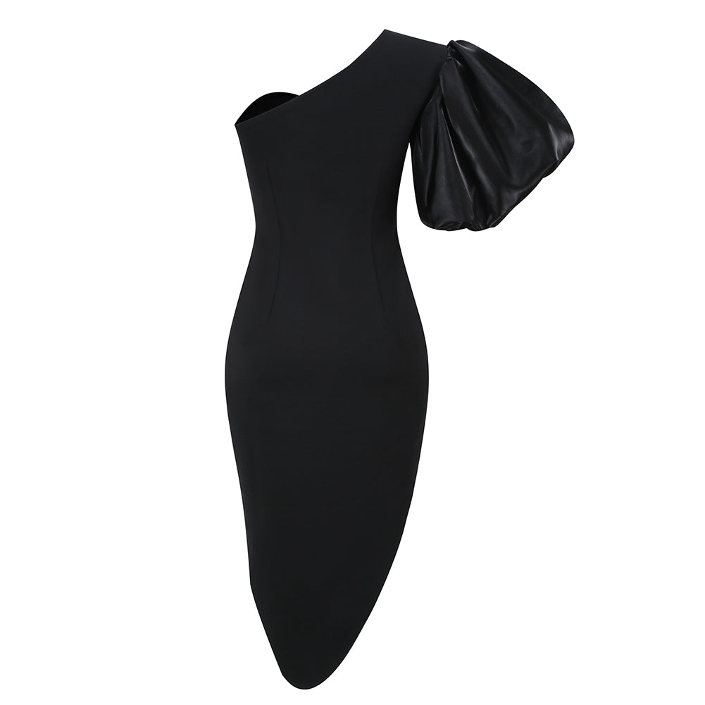 One Shoulder Short Sleeve Midi Puff Sleeve Bodycon Dress KLYF501