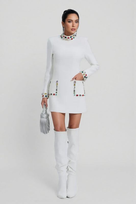 Ona White Diamond Embellishment Mini Dress