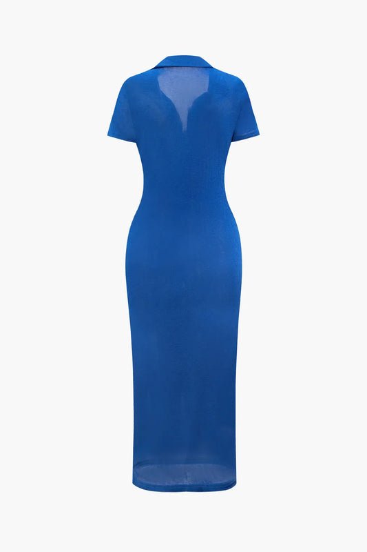 Kava Blue Ruched Button Up Collar Midi Dress