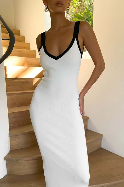 Knit Suspender Sleeveless Block Color Beach Vacation V-Neck Bodycon Maxi Dress