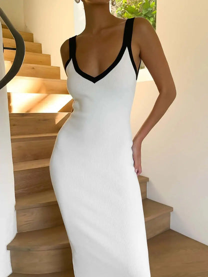 Knit Suspender Sleeveless Block Color Beach Vacation V-Neck Bodycon Maxi Dress