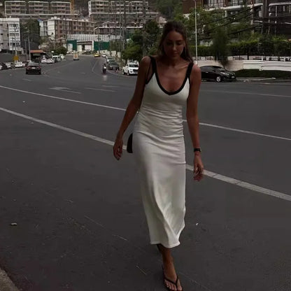 Knit Suspender Sleeveless Block Color Beach Vacation V-Neck Bodycon Maxi Dress