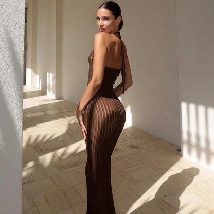 Knitted Hollow Out Sheer Backless Slim Beach Halter Neck Stylish Maxi Dress