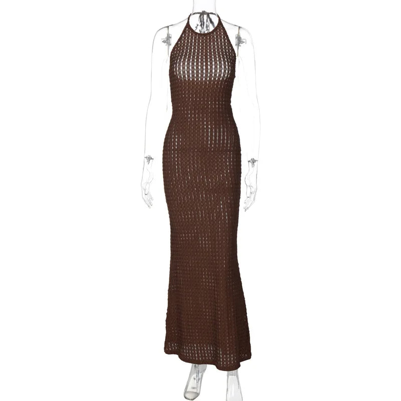 Knitted Hollow Out Sheer Backless Slim Beach Halter Neck Stylish Maxi Dress