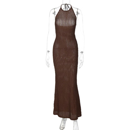 Knitted Hollow Out Sheer Backless Slim Beach Halter Neck Stylish Maxi Dress