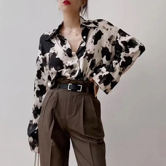 Blusa elegante de manga larga con efecto teñido negro para mujer | Ideal para primavera/verano
