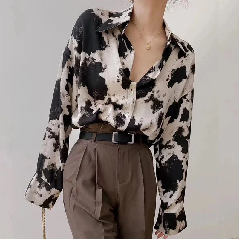 Blusa elegante de manga larga con efecto teñido negro para mujer | Ideal para primavera/verano