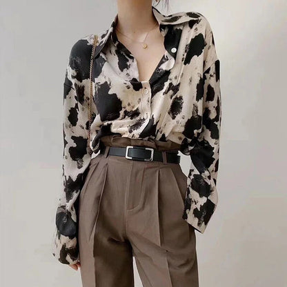 Blusa elegante de manga larga con efecto teñido negro para mujer | Ideal para primavera/verano