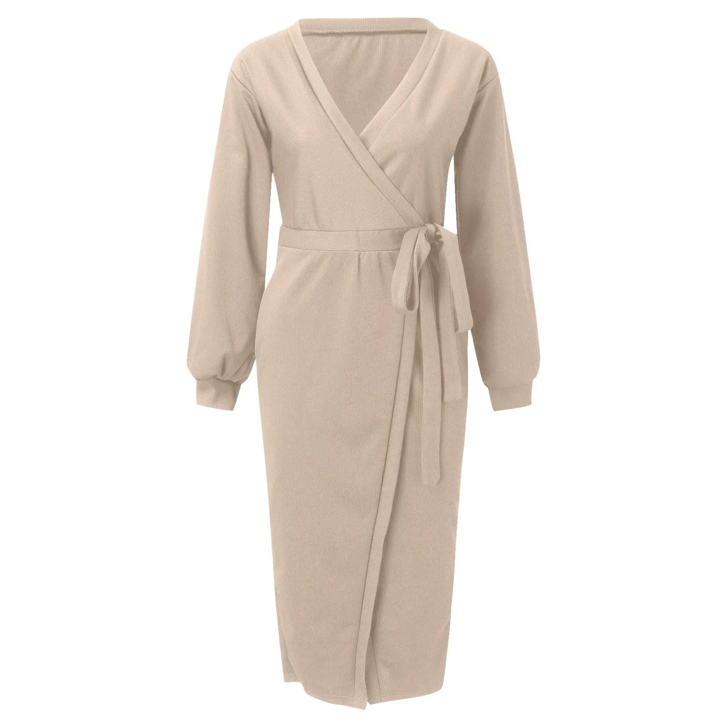 Korean Dongdaemun High Clothing Wrap V Neck Long Sleeve Sweater Tie Waist Bodycon Knit Elegant платье Midi Dress