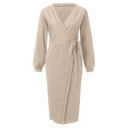 Korean Dongdaemun High Clothing Wrap V Neck Long Sleeve Sweater Tie Waist Bodycon Knit Elegant платье Midi Dress